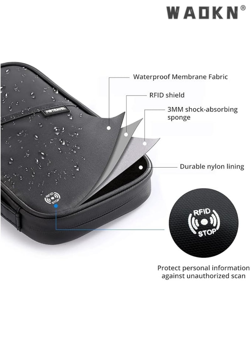 WAOKN Wallet, Family Passport and Document Holder, RFID Blocking Travel Document Holder Organiser Waterproof Passport Wallet for Women Men for ID Card Credit Cards Flight Tickets Money Coins Phone-Black - Image 3