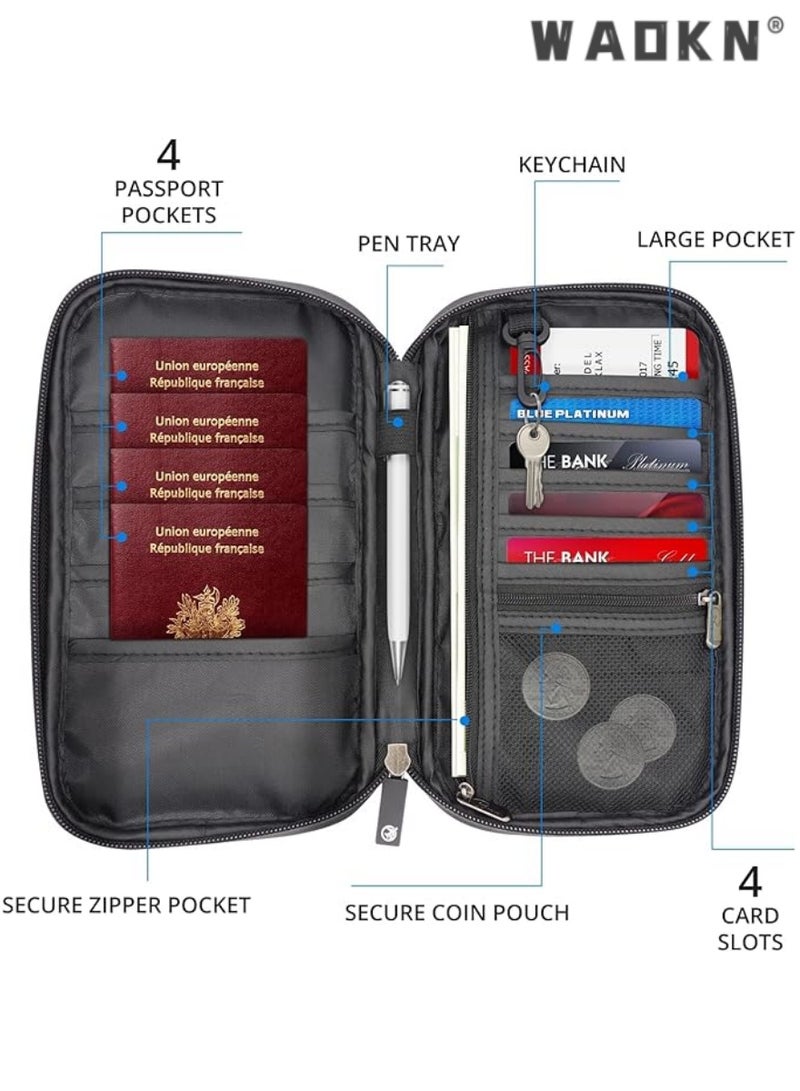 WAOKN Wallet, Family Passport and Document Holder, RFID Blocking Travel Document Holder Organiser Waterproof Passport Wallet for Women Men for ID Card Credit Cards Flight Tickets Money Coins Phone-Black - Image 2