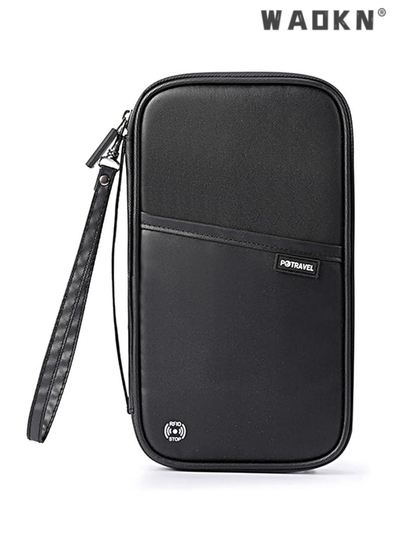 WAOKN Wallet, Family Passport and Document Holder, RFID Blocking Travel Document Holder Organiser Waterproof Passport Wallet for Women Men for ID Card Credit Cards Flight Tickets Money Coins Phone-Black - Image 1