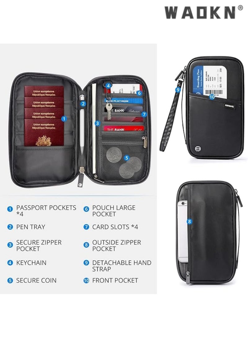 WAOKN Wallet, Family Passport and Document Holder, RFID Blocking Travel Document Holder Organiser Waterproof Passport Wallet for Women Men for ID Card Credit Cards Flight Tickets Money Coins Phone-Black - Image 4