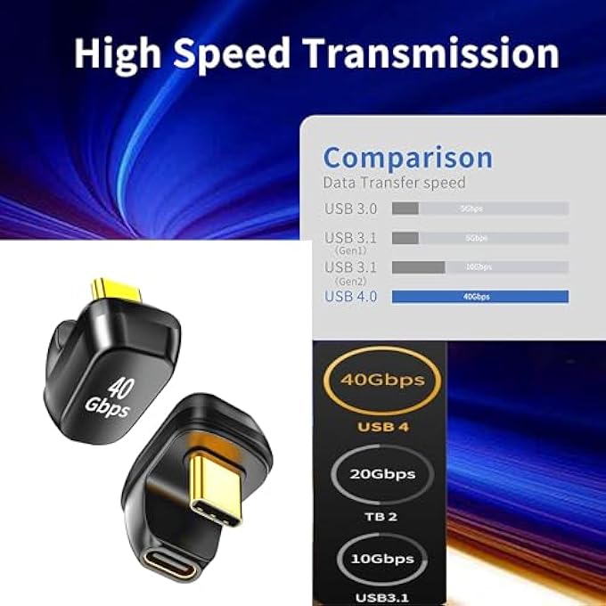 rayihni U SHAPE USB C ADAPTER, 40GBPS, 180 DEGREE ANGLE, USB 4 ADAPTER, TYPE C MALE TO FEMALE EXTENDER, PD 100W FAST CHARGING, 8K@60HZ FOR LAPTOP, TABLET, TYPE C DEVICE - Image 2