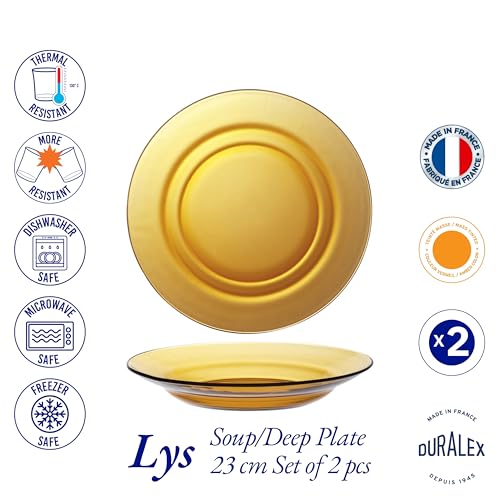 Duralex® LYS Clear Deep/Soup Glass Plates, Set of 2, 23 cm, for Cereal, Soup, Pasta and More (Amber (Gold)) - Image 4