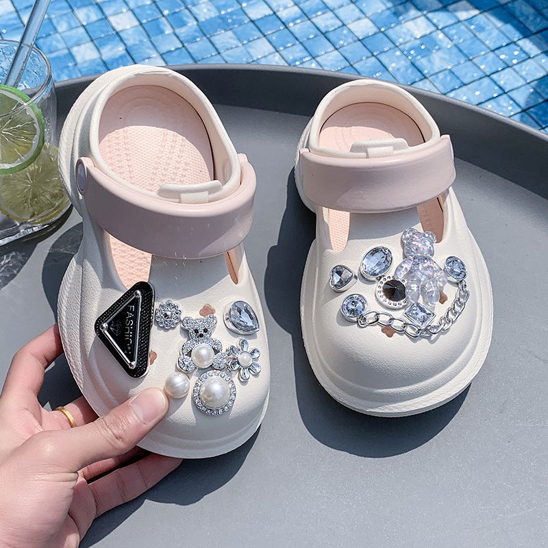 Summer Style Rhinestone Chain Outer Wear Clogs Children'S Thick-Soled Trendy Pearl Toe Half Slippers - Image 5