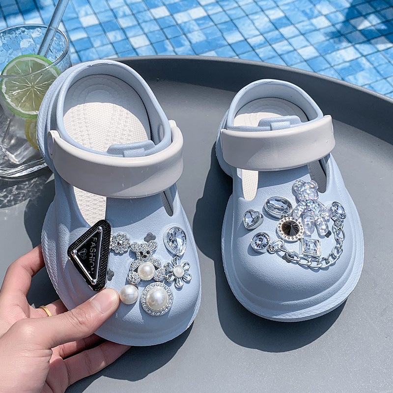 Summer Style Rhinestone Chain Outer Wear Clogs Children'S Thick-Soled Trendy Pearl Toe Half Slippers - Image 4