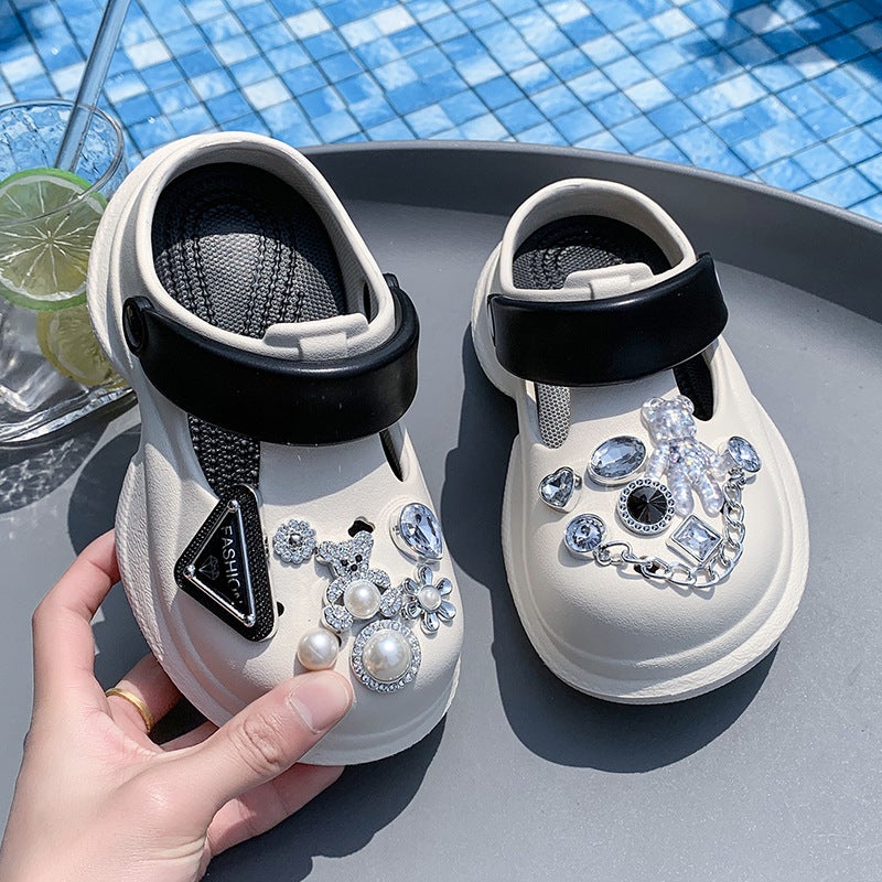 Summer Style Rhinestone Chain Outer Wear Clogs Children'S Thick-Soled Trendy Pearl Toe Half Slippers - Image 3