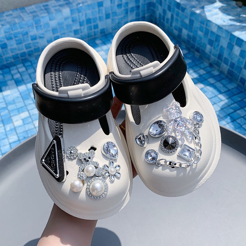 Summer Style Rhinestone Chain Outer Wear Clogs Children'S Thick-Soled Trendy Pearl Toe Half Slippers - Image 1