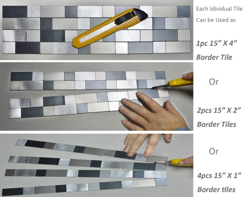Crystiles Kitchen Countertop Peel and Stick Brushed Metal Tile, 15" X 4" Aluminum Wall Tile Backsplash, Item #61504601, 4-Pack - Image 2