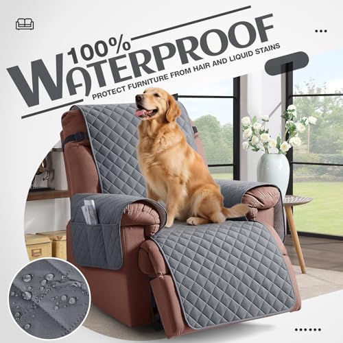 KinCam 100% Waterproof Recliner Chair Cover, Reclining Couch Covers for Pets, Dogs, Recliner Couch Slipcover Furniture Protector with Elastic Straps for Kids(23.6", Dark Gray) - Image 4