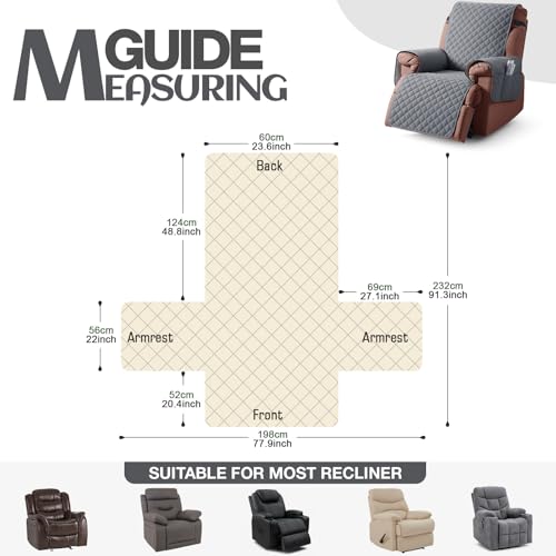 KinCam 100% Waterproof Recliner Chair Cover, Reclining Couch Covers for Pets, Dogs, Recliner Couch Slipcover Furniture Protector with Elastic Straps for Kids(23.6", Dark Gray) - Image 3