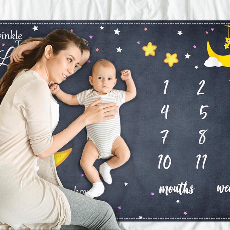 CSFOTO Baby Milestone Blanket 60x40 Starry Sky Newborn Month Blanket Star and Moon Newborn Photography Background Prop for Boy  Girl Personalized Shower Present with Frame - Image 2
