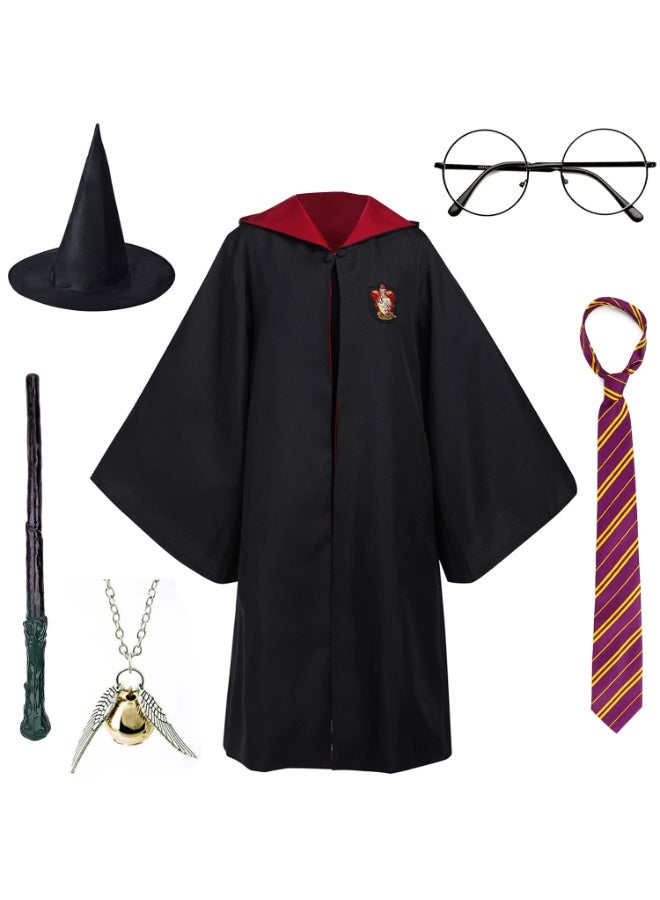 GGEROU Wizard Robe Costume Cosplay Set for Kids and Adults Dress Up Accessory with Striped Tie Glasses Frame Wizard Hat Magic Wand Pendant - Image 1