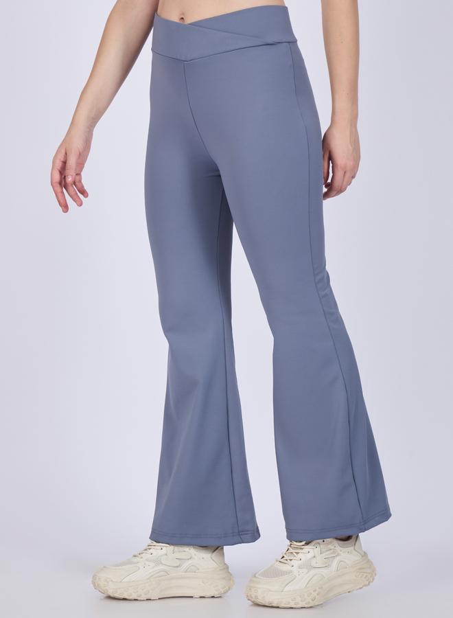 OUTZIDR Grey Criss-Cross Waistband Flared Leggings - Image 4