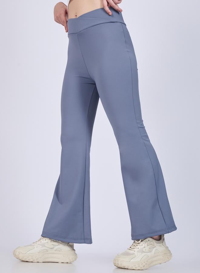 OUTZIDR Grey Criss-Cross Waistband Flared Leggings - Image 1