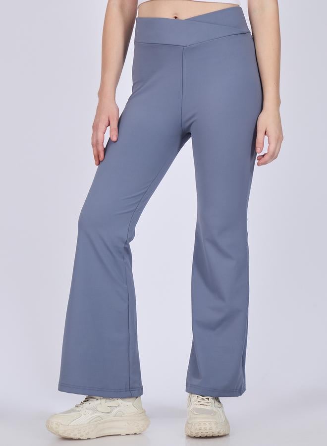 OUTZIDR Grey Criss-Cross Waistband Flared Leggings - Image 2