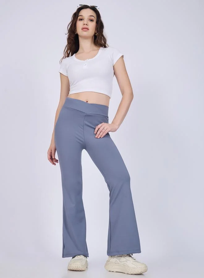 Outzidr  Grey Criss-Cross Waistband Flared Leggings for Women | Best Price UAE