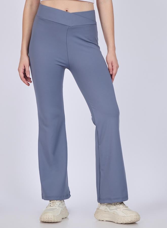 OUTZIDR Grey Criss-Cross Waistband Flared Leggings - Image 5