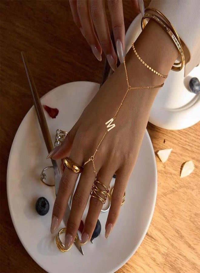 Ascona Initial Hand Chain Bracelet for Women-14K Gold Plated Ring Bracelet Hand Chain for Women Trendy,Dainty Letter A-Z Link Charm Stack Bracelets Set Jewelry Gifts, no gemstone - Image 4