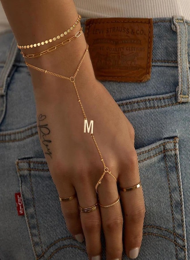 Ascona Initial Hand Chain Bracelet for Women-14K Gold Plated Ring Bracelet Hand Chain for Women Trendy,Dainty Letter A-Z Link Charm Stack Bracelets Set Jewelry Gifts, no gemstone - Image 3