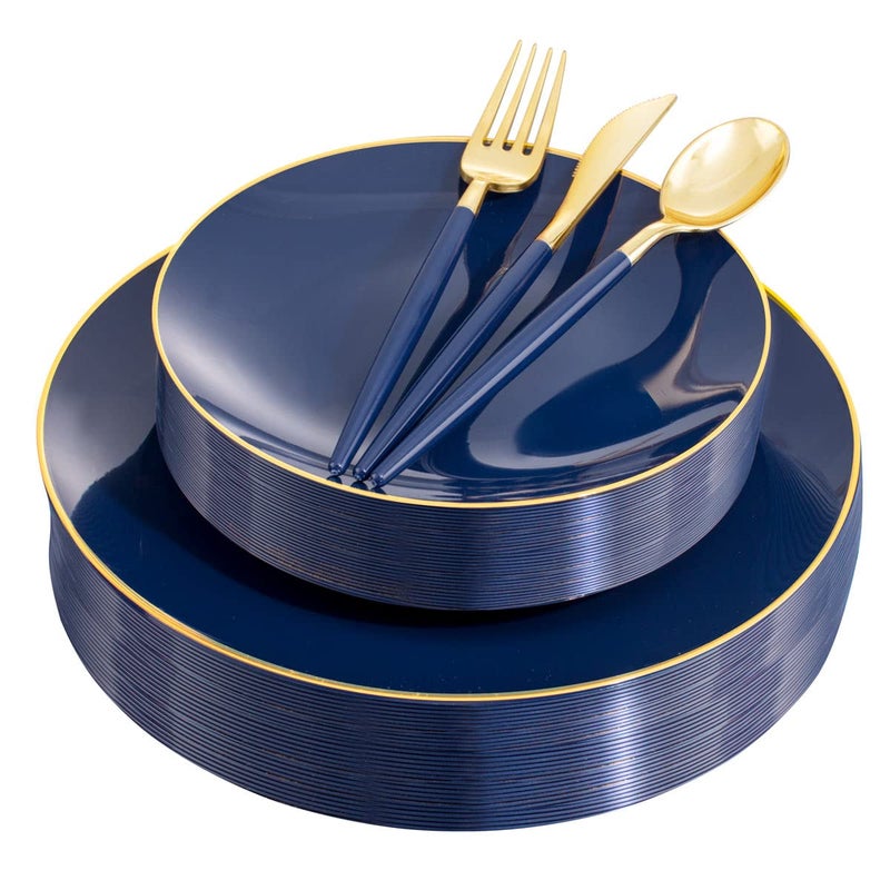 Liacere 150PCS Blue Plastic Plates  Gold Plastic Silverware with Blue Handle  Navy Disposable Plates Include 30 Guests PlatesForksSpoonsKnives for WeddingPartyFathers DayIndependence Day