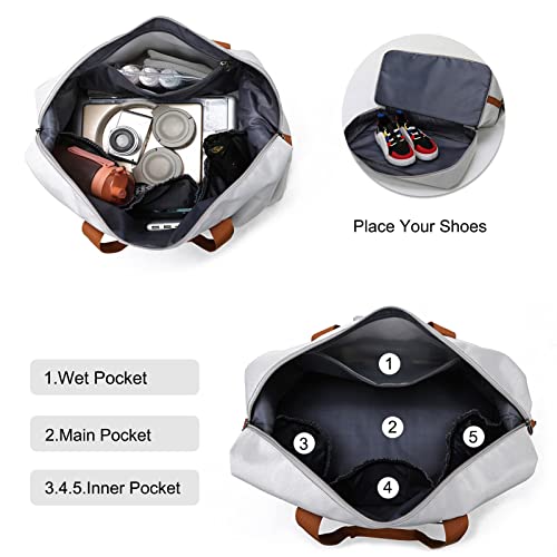 FANDARE Travel Handbag Sports Gym Bag Weekender Carry On Overnight Bags for Women Men Duffle bag Sport Workout Gym Swim Hospital Shoulder Bag with Luggage Sleeve & Shoe Compartment Light Gray - Image 5