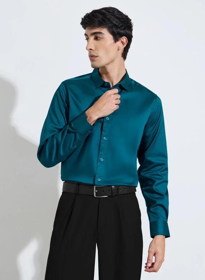Teal Solid Long Sleeves Satin Slim Fit Shirt