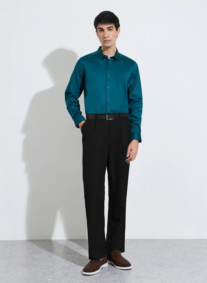 Styli  Teal Solid Long Sleeves Satin Slim Fit Shirt for Men | Best Price UAE