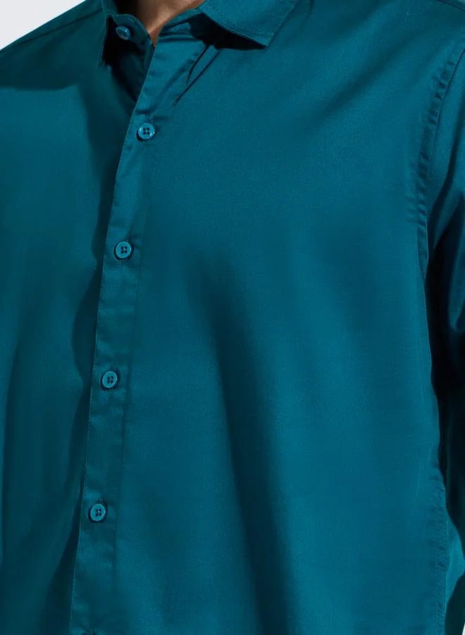 Styli  Teal Solid Long Sleeves Satin Slim Fit Shirt for Men | Best Price UAE