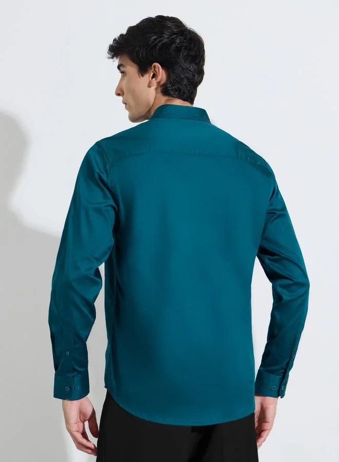 Styli  Teal Solid Long Sleeves Satin Slim Fit Shirt for Men | Best Price UAE