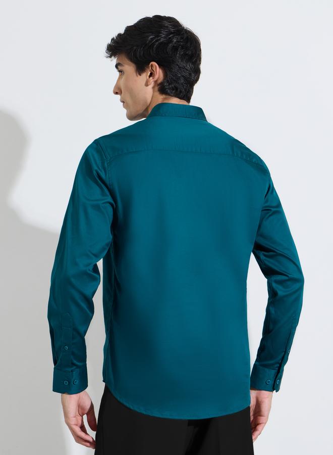 Styli Teal Solid Long Sleeves Satin Slim Fit Shirt - Image 4
