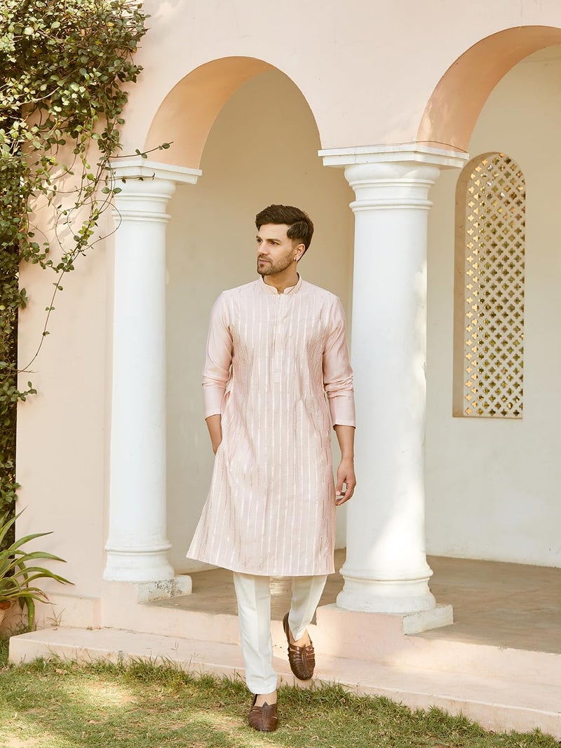 See Designs Men Full Sleeve Pink and Gold Chanderi Silk Sequins Mandarin Collar Side Slit Kurta - SD2KT_2421XXL - Image 5
