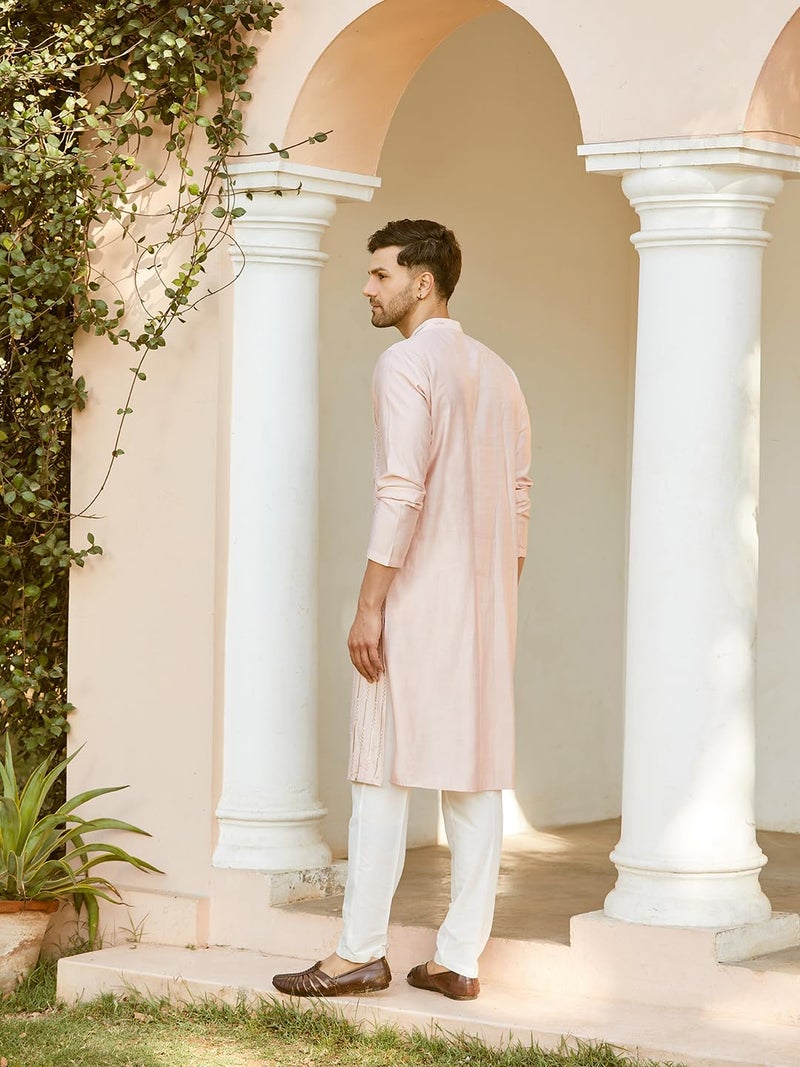 See Designs Men Full Sleeve Pink and Gold Chanderi Silk Sequins Mandarin Collar Side Slit Kurta - SD2KT_2421XXL - Image 3