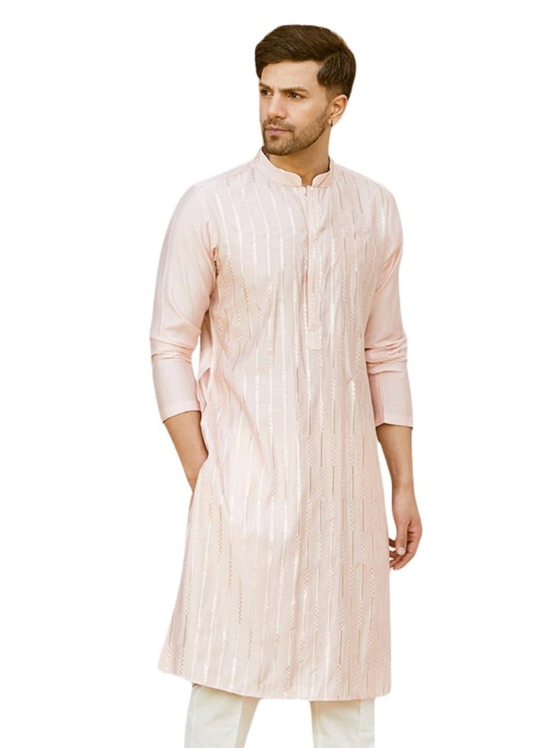 See Designs Men Full Sleeve Pink and Gold Chanderi Silk Sequins Mandarin Collar Side Slit Kurta - SD2KT_2421XXL - Image 1