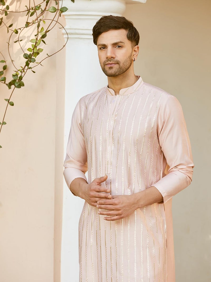See Designs Men Full Sleeve Pink and Gold Chanderi Silk Sequins Mandarin Collar Side Slit Kurta - SD2KT_2421XXL - Image 2