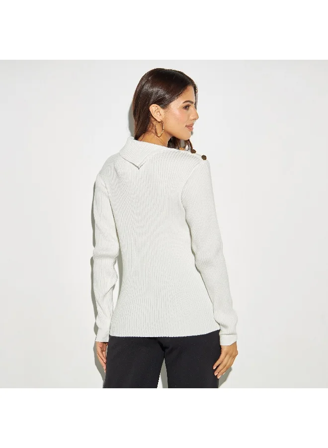 Iconic Iconic Textured Sweater with Button Detail and Long Sleeves
