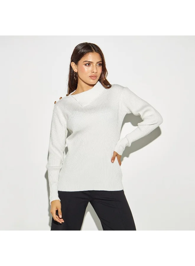 Iconic Iconic Textured Sweater with Button Detail and Long Sleeves