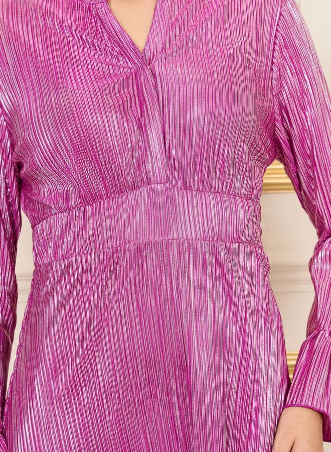 Styli Styli Plisse Ruffle Trim Notch Neck A-Line Midi Dress