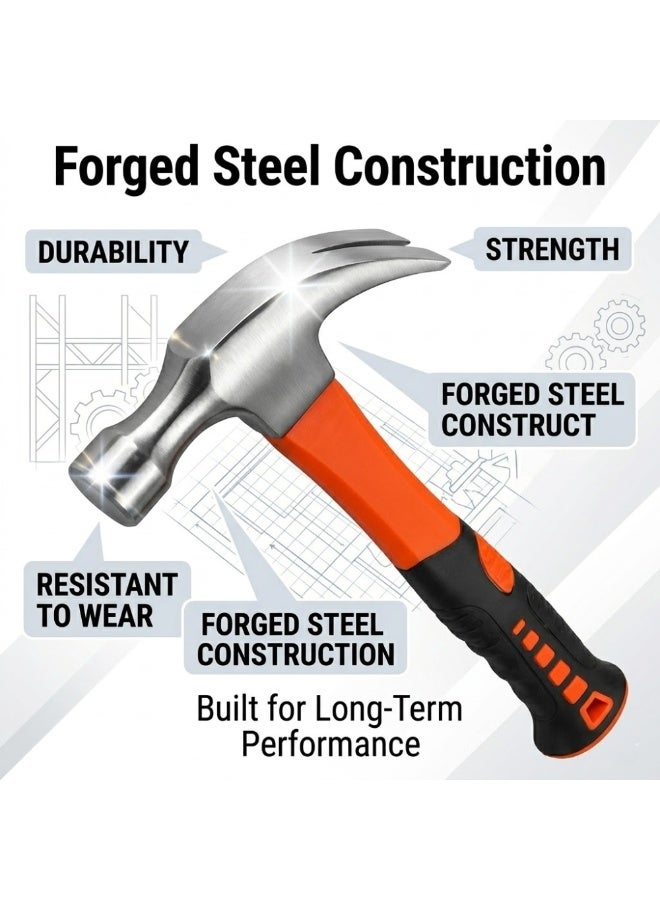 Maxton 16 oz Claw Hammer with Fiberglass Handle, Heavy Duty Steel Hammer for Construction, Carpentry, Woodworking, Nail Pulling, Home Repairs, DIY Projects, Shock Absorbing Non-Slip Grip, Professional Hand Tool - Multicolour - Image 3
