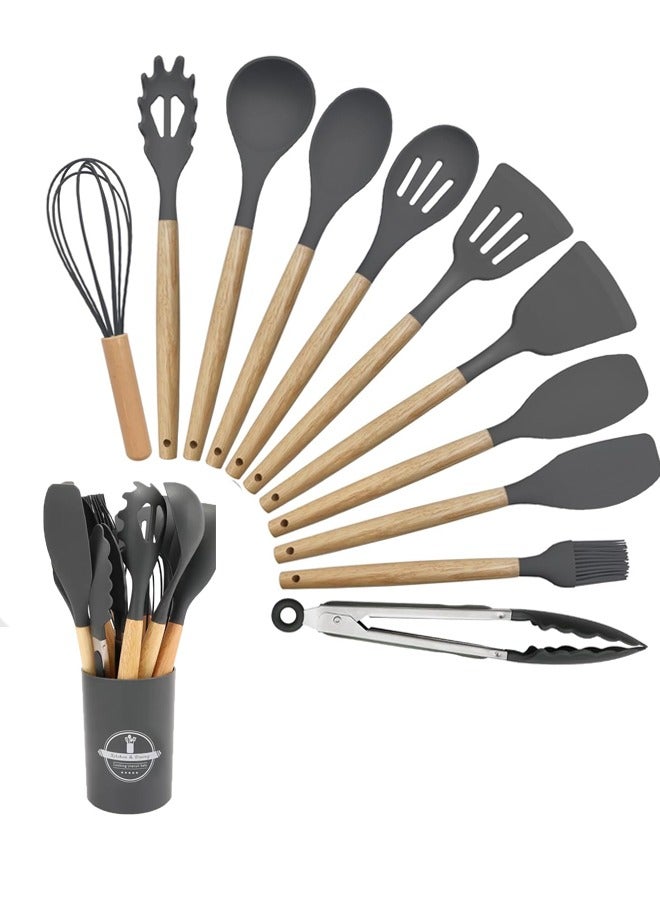 صاروخ فلاير طقم أواني طهي سيليكون مقاوم للحرارة العالية مكون من 11 قطعة ، طقم أواني طهي سيليكون مكون من 11 قطعة بمقبض خشبي مضاد للحروق ، طقم أواني طهي من السيليكون ، ملعقة ، ملعقة سيليكون ، أدوات مطبخ سيليكون ، رمادي - Image 1