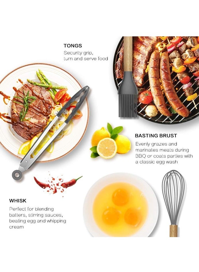 صاروخ فلاير طقم أواني طهي سيليكون مقاوم للحرارة العالية مكون من 11 قطعة ، طقم أواني طهي سيليكون مكون من 11 قطعة بمقبض خشبي مضاد للحروق ، طقم أواني طهي من السيليكون ، ملعقة ، ملعقة سيليكون ، أدوات مطبخ سيليكون ، رمادي - Image 2