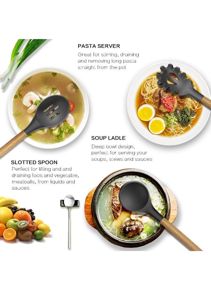 صاروخ فلاير طقم أواني طهي سيليكون مقاوم للحرارة العالية مكون من 11 قطعة ، طقم أواني طهي سيليكون مكون من 11 قطعة بمقبض خشبي مضاد للحروق ، طقم أواني طهي من السيليكون ، ملعقة ، ملعقة سيليكون ، أدوات مطبخ سيليكون ، رمادي - Image 3
