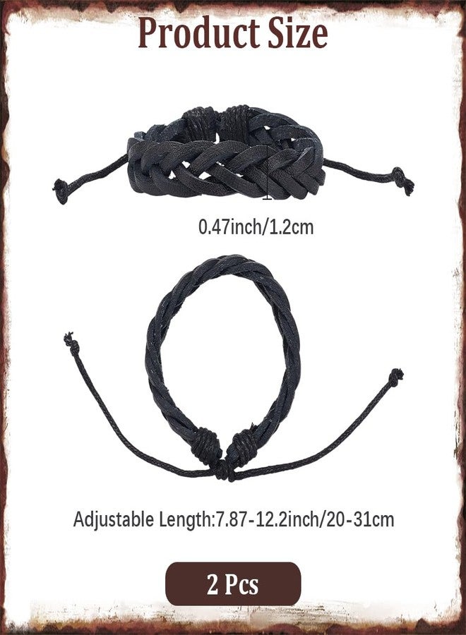CALFOVERA 2PCS Braided PU Leather Bracelets Dark Gray Vintage Leather Cuff Wrap Adjustable Rustic Wrist Band Woven Rope Bracelet Wristband for Men Women Daily Wear Costume Party Gift - Image 2
