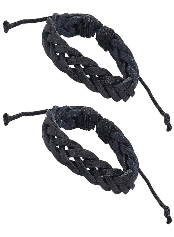 CALFOVERA 2PCS Braided PU Leather Bracelets Dark Gray Vintage Leather Cuff Wrap Adjustable Rustic Wrist Band Woven Rope Bracelet Wristband for Men Women Daily Wear Costume Party Gift - Image 1