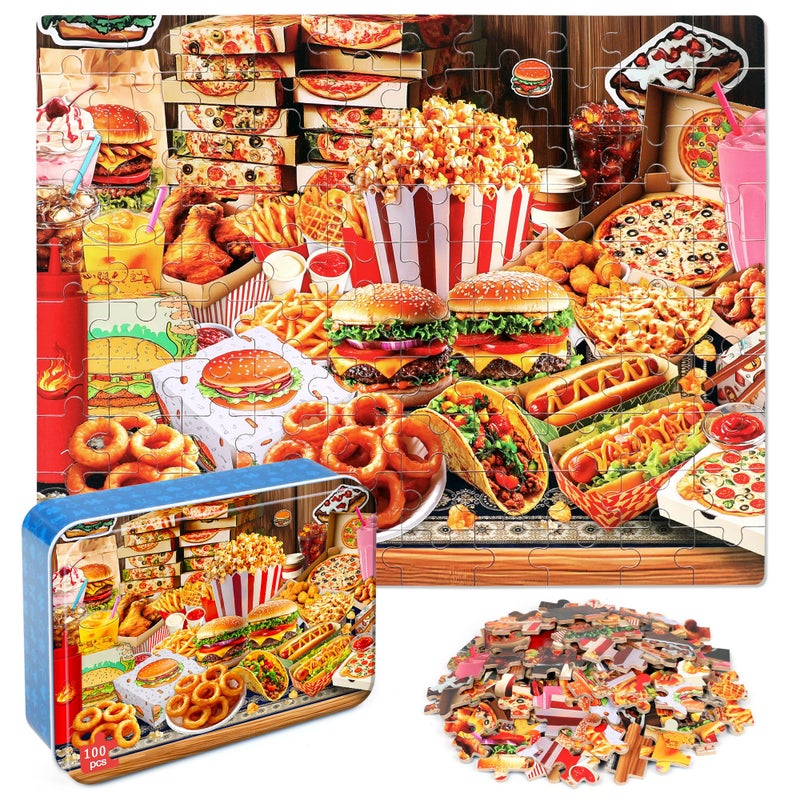 LELEMON Puzzles for Kids Ages 46Hamburger Foods 100 Piece Puzzles for Kids Ages 48 in a Metal Box Educational Jigsaw Puzzles 100 Piece Puzzle Games Puzzle Toys for Girls and Boys - Image 3