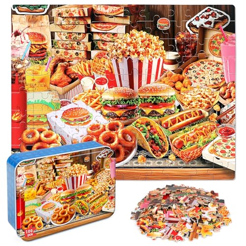 LELEMON Puzzles for Kids Ages 46Hamburger Foods 100 Piece Puzzles for Kids Ages 48 in a Metal Box Educational Jigsaw Puzzles 100 Piece Puzzle Games Puzzle Toys for Girls and Boys - Image 1