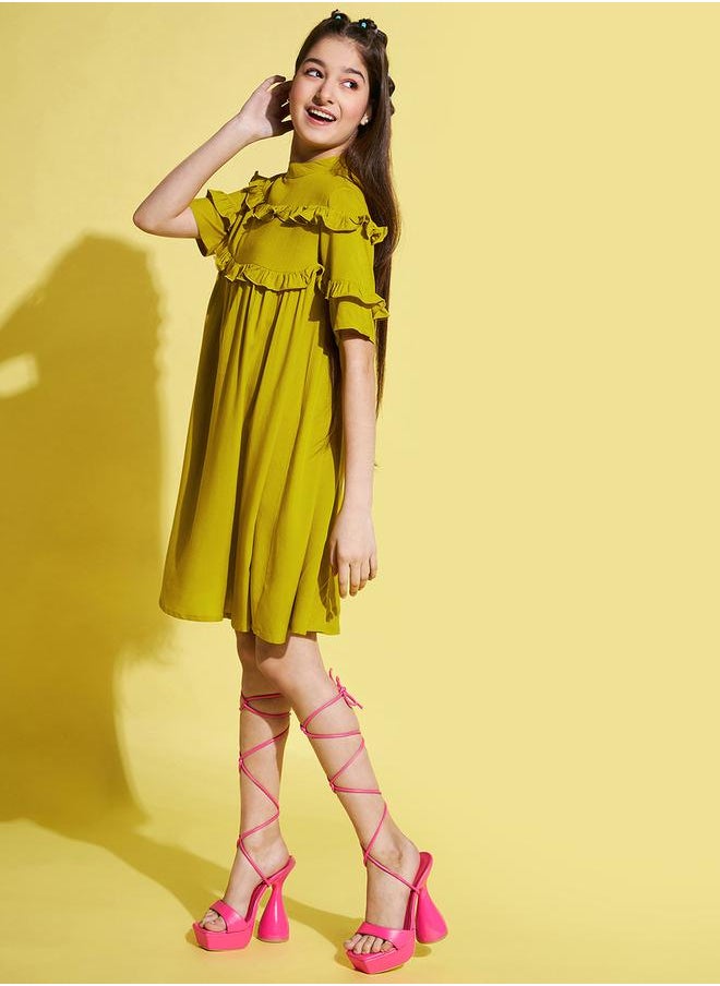 Stylo Bug - Solid High Neck Ruffled Detail Dress by Styli - Image 1