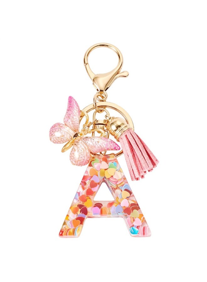 HANNEA® Letter A Alphabet Initial Keychain for Women Girls, Cute Pink Butterfly Tassel Pendant Key Ring, Clear Resin Sequins Charm for Backpack Handbag Purse Car Keys, Stylish Gift for Girls - Image 1