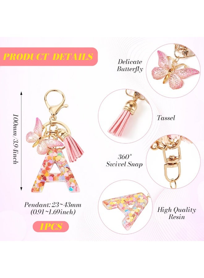 HANNEA® Letter A Alphabet Initial Keychain for Women Girls, Cute Pink Butterfly Tassel Pendant Key Ring, Clear Resin Sequins Charm for Backpack Handbag Purse Car Keys, Stylish Gift for Girls - Image 4