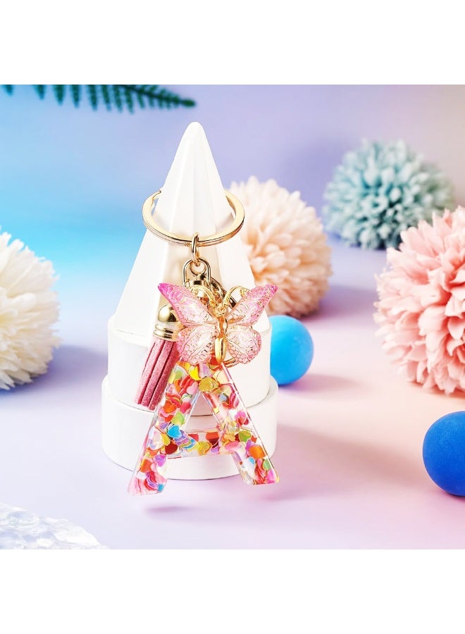 HANNEA® Letter A Alphabet Initial Keychain for Women Girls, Cute Pink Butterfly Tassel Pendant Key Ring, Clear Resin Sequins Charm for Backpack Handbag Purse Car Keys, Stylish Gift for Girls - Image 2