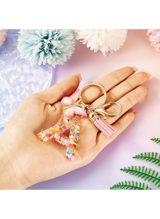 HANNEA® Letter A Alphabet Initial Keychain for Women Girls, Cute Pink Butterfly Tassel Pendant Key Ring, Clear Resin Sequins Charm for Backpack Handbag Purse Car Keys, Stylish Gift for Girls - Image 5