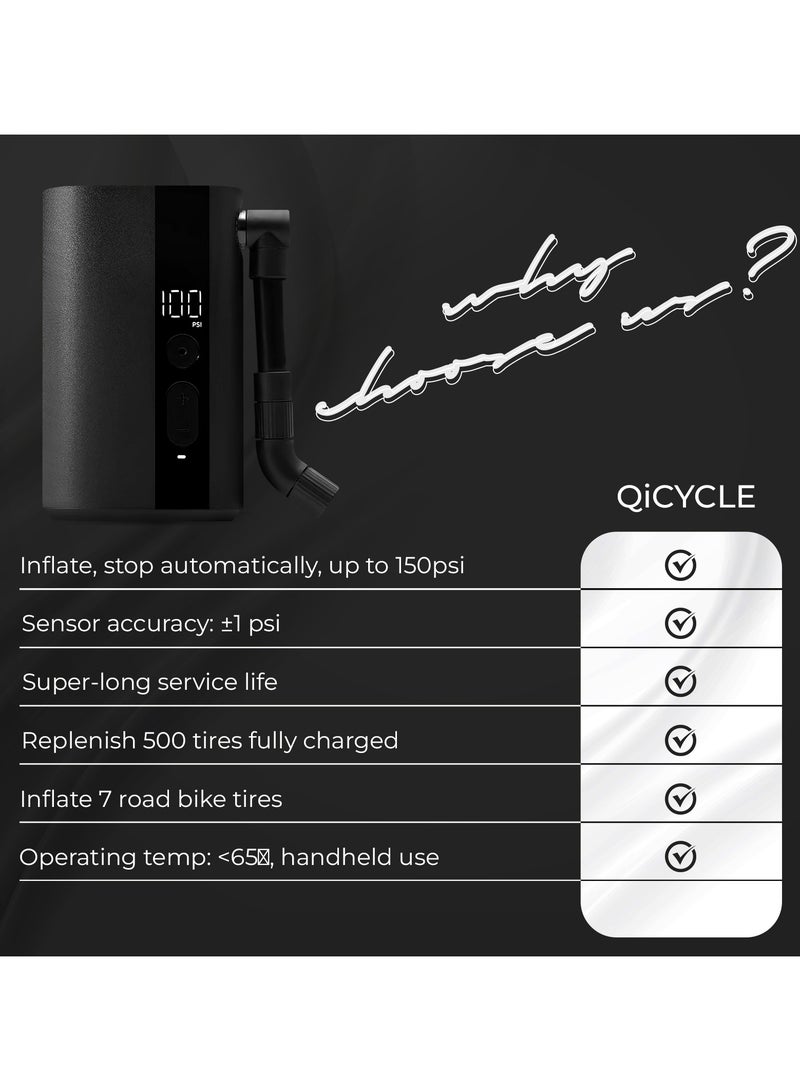 QiCYCLE Tire Inflator Portable Air Compressor, 55s Fast Inflate Bike Pump, 150PSI/5000mAh Electric Air Pump with Presta and Schrader Valve Suitable for Road Bike, Mountain Bike, Cycle, Car - Image 4